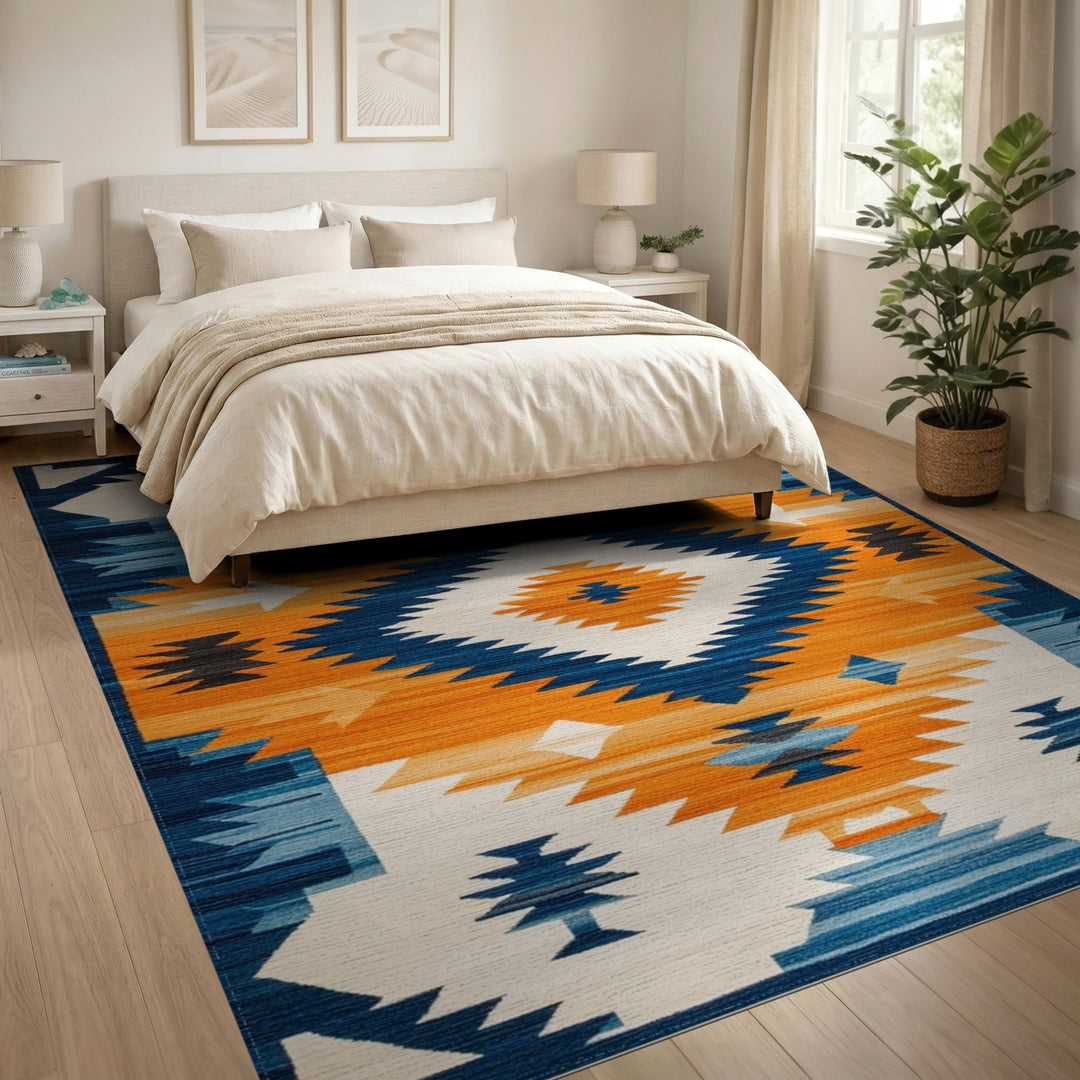 Multi-color and Patterns Southwestern Geometric Area Rug in Blue and Orange