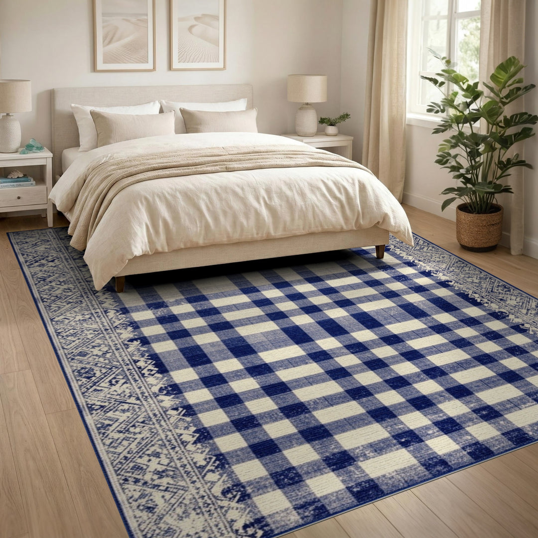 Navy Blue Checkered Vintage Area Rug