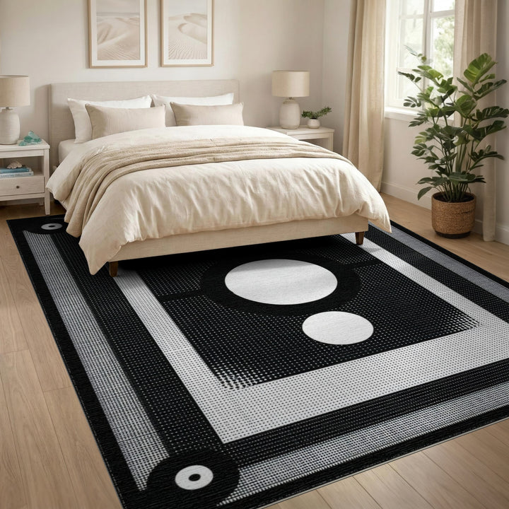 Black White Geometric Circle Area Rug