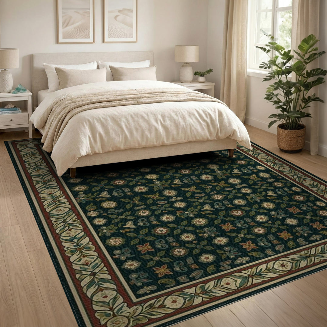 Green Dark Green Floral Vintage Area Rug