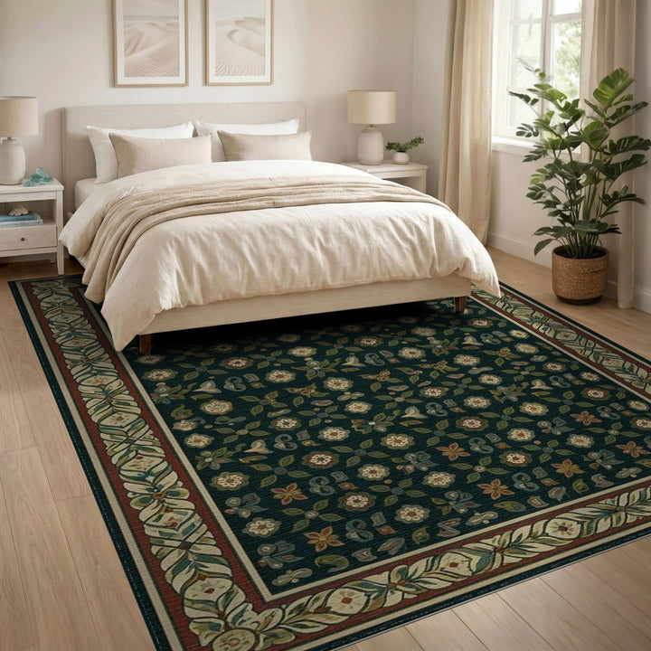 Green Dark Green Floral Vintage Area Rug