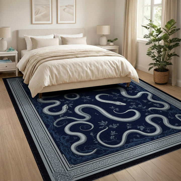 Silver Serpents Navy Blue Area Rug