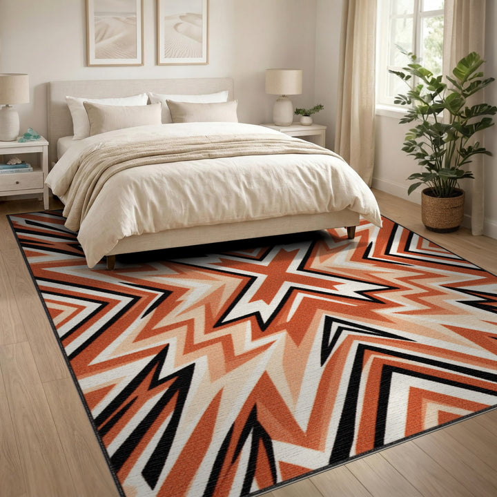 Orange Geometric Chevron Star Area Rug