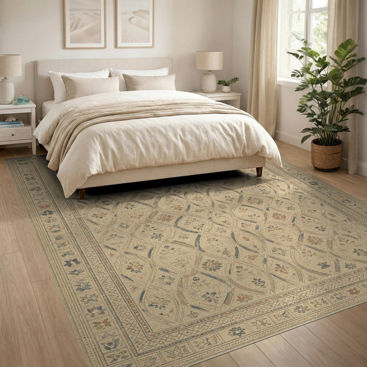 Beige Distressed Floral Lattice Rug