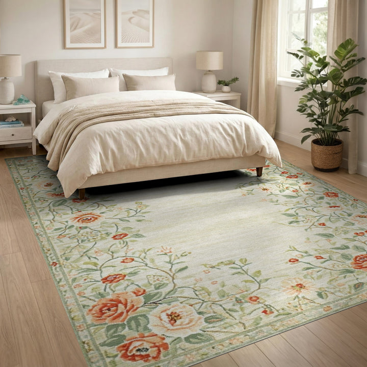 Vintage Floral Rose Area Rug in Soft Green