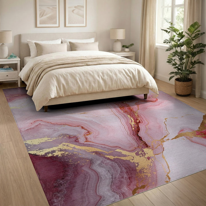 Pink Gold Marble Abstract Pink Area Rug
