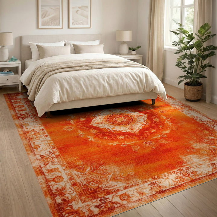 Orange Distressed Vintage Medallion Area Rug