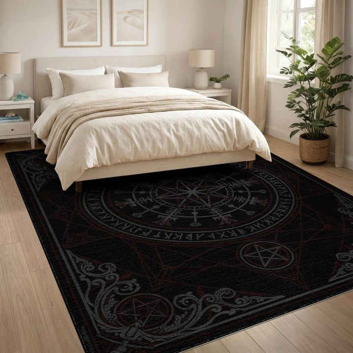 Black and White Mystic Rune Pentagram Area Rug
