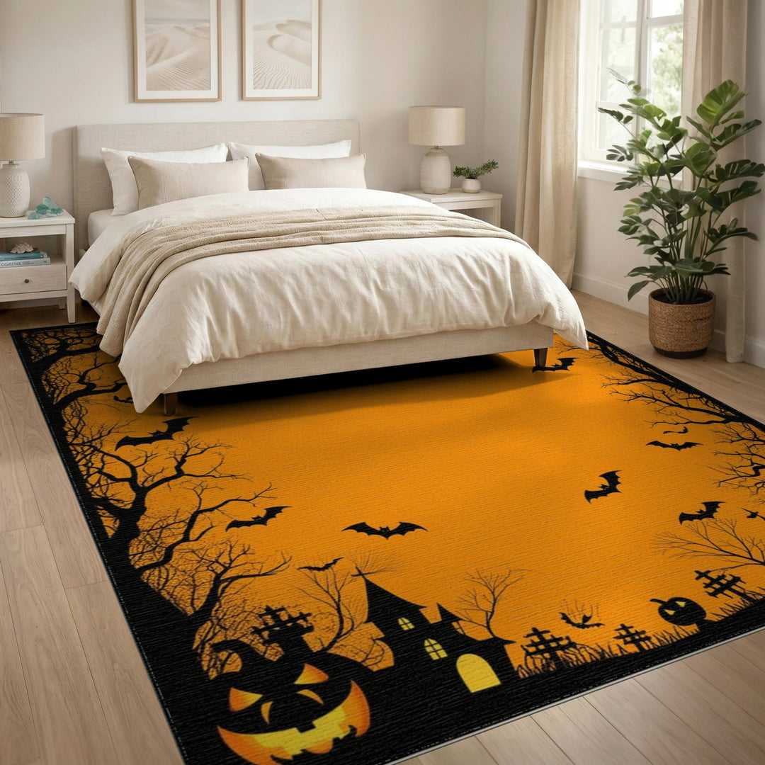 Spooky Halloween Orange Bat Area Rug