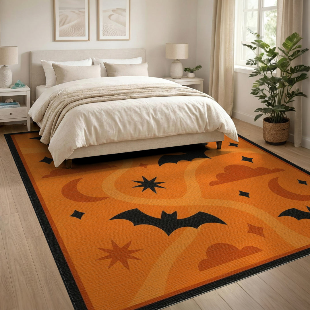 Orange Kids Cartoon Orange Halloween Bats Area Rug