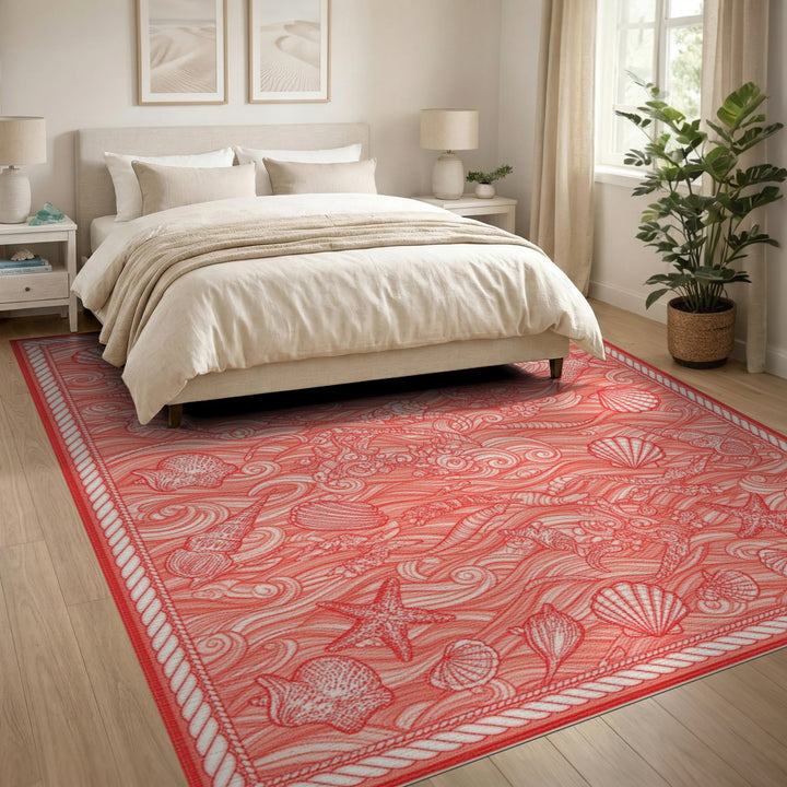 Red Coastal Mermaid Seashell Area Rug