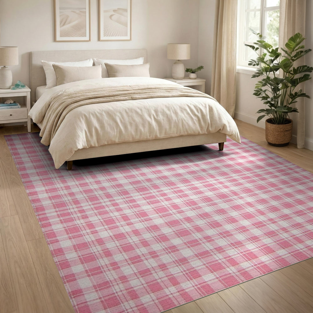 Pink Gingham Pink Gingham Checkered Washable Area Rug