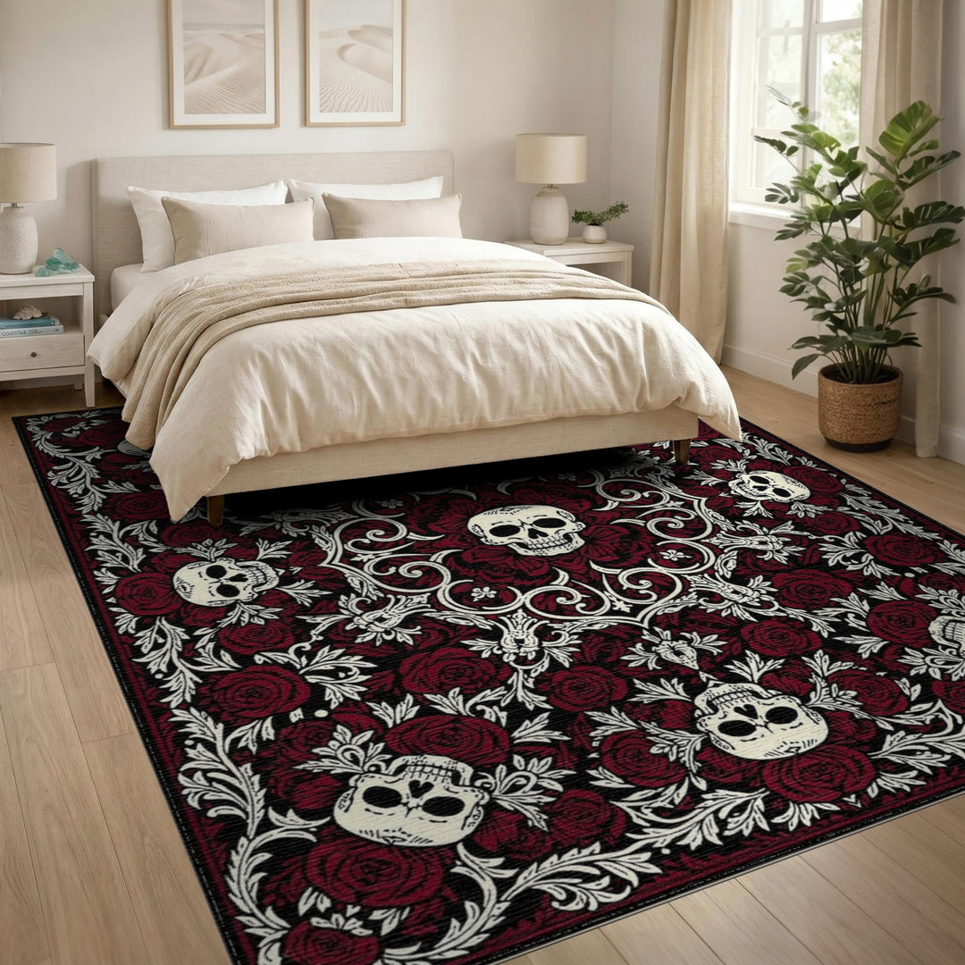 Red Vintage Skull Rose Area Rug