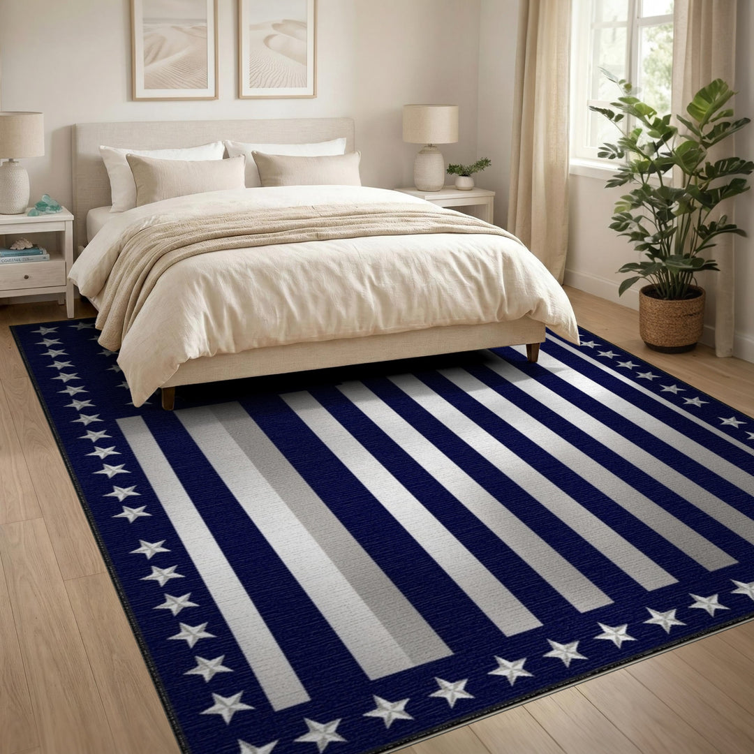 Navy Silver Stripe Flag Area Rug