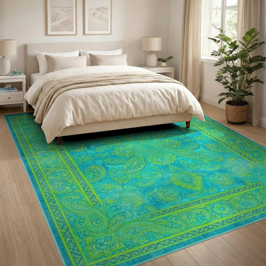 Vibrant Teal Paisley Medallion Area Rug