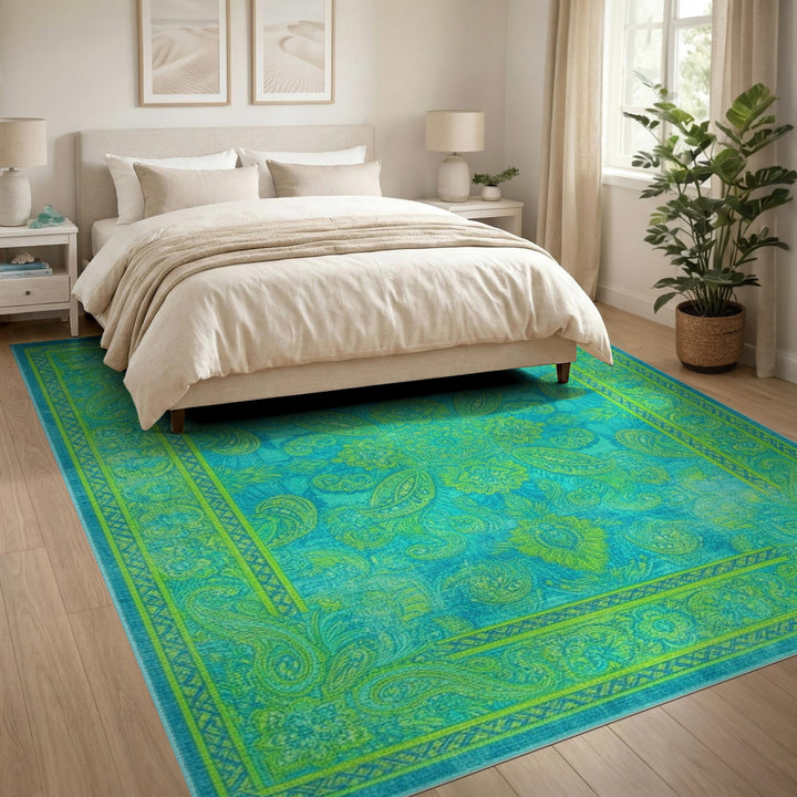 Vibrant Teal Paisley Medallion Area Rug