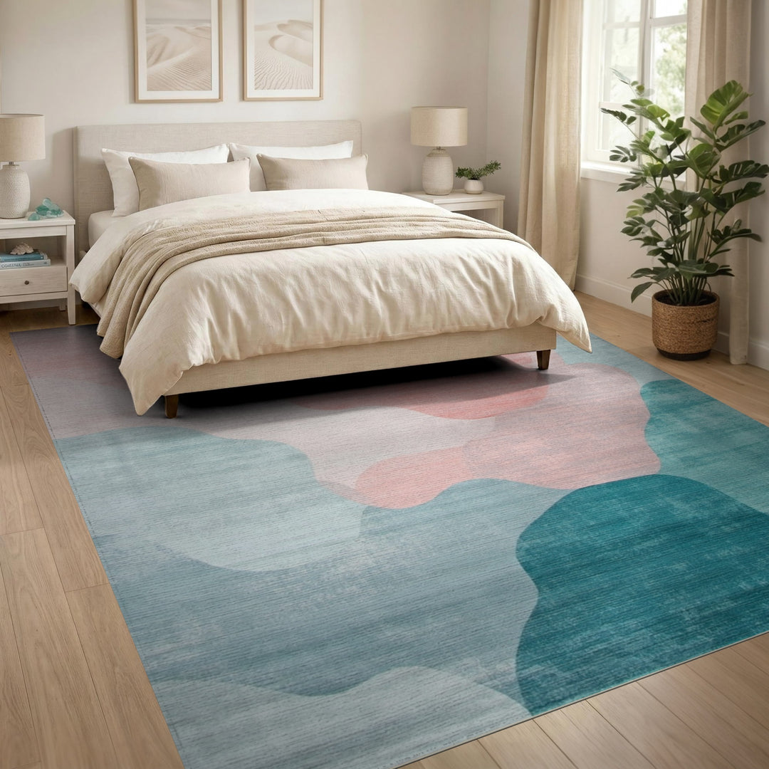 Abstract Teal Coral Wave Area Rug