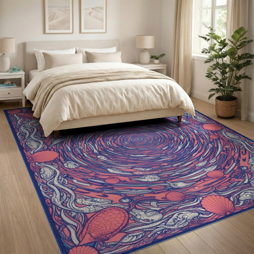 Red Swirling Fish Shells Washable Area Rug