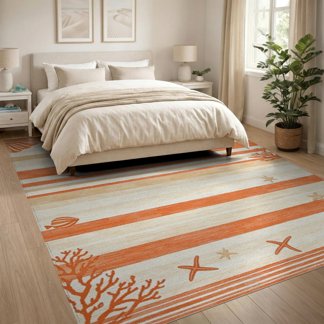 Coastal Orange Striped Seashell Area Rug