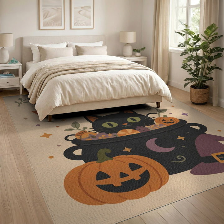 Happy Halloween Black Cat Cauldron Area Rug