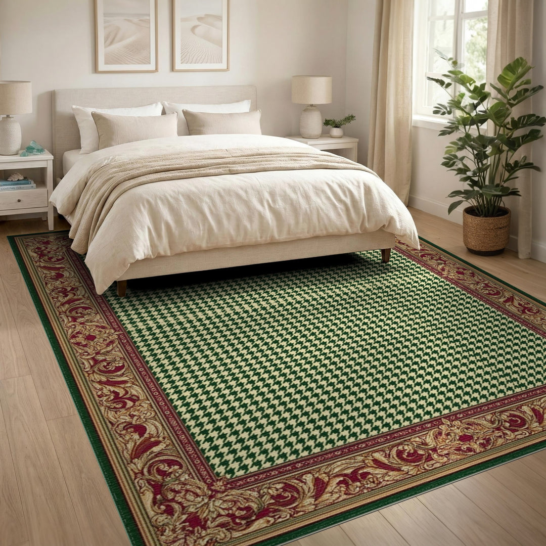 Green Houndstooth Area Rug with Ornate Border