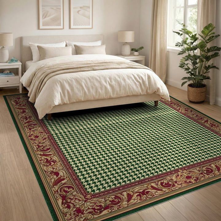Green Houndstooth Area Rug with Ornate Border