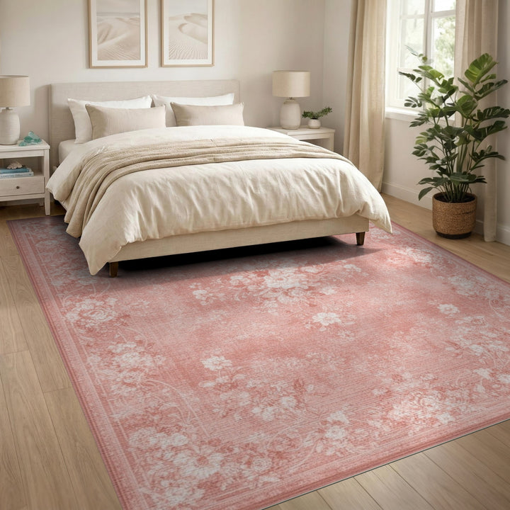 Pink Floral Vintage Washable Area Rug