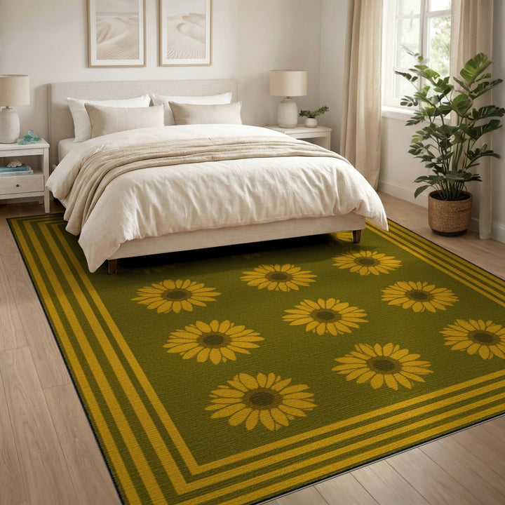 Green Sunflower Floral Area Rug
