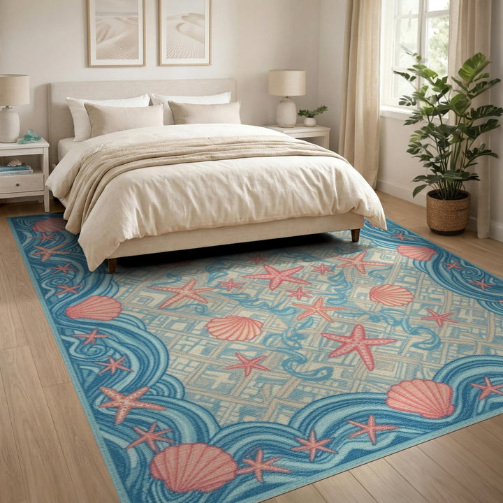 Coastal Blue Starfish Seashell Washable Area Rug