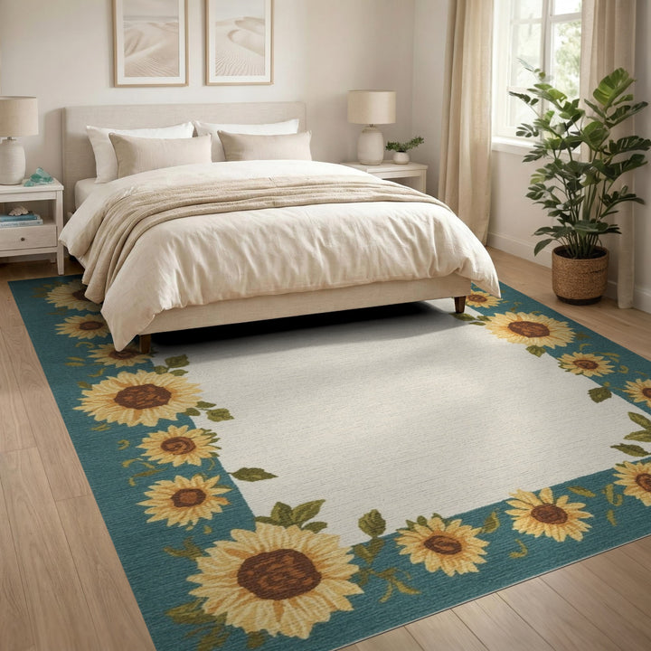 Sunflower Teal Border Area Rug