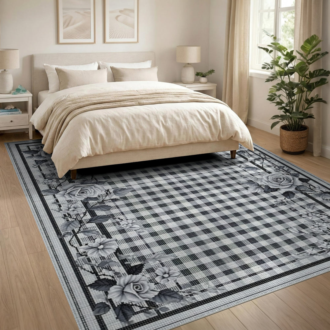 Black White Rose Border Checkered Area Rug