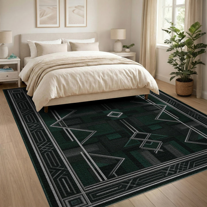 Dark Green Geometric Area Rug