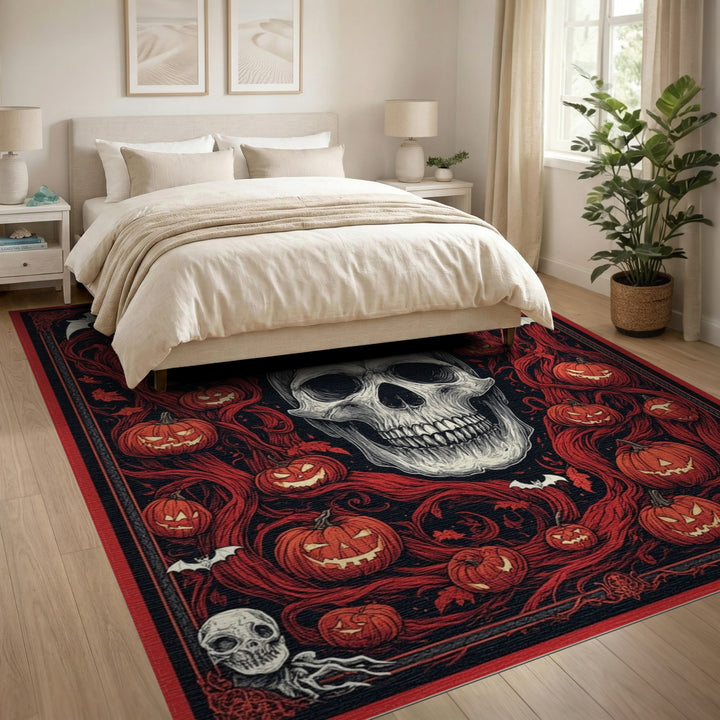 Gothic Skull and Pumpkin Red Area Rug