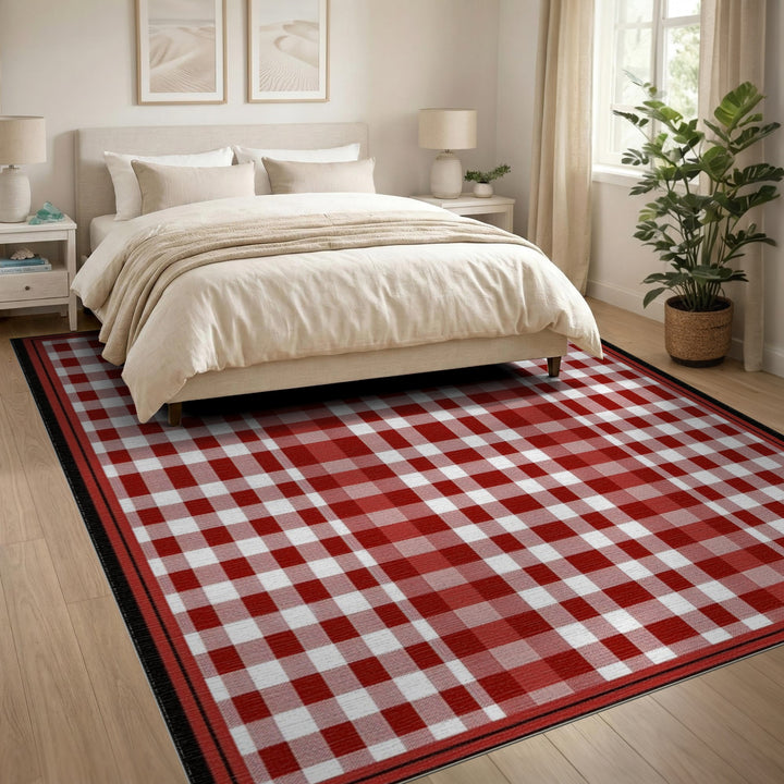 Rustic Farmhouse Red Gingham Checkered Area Rug