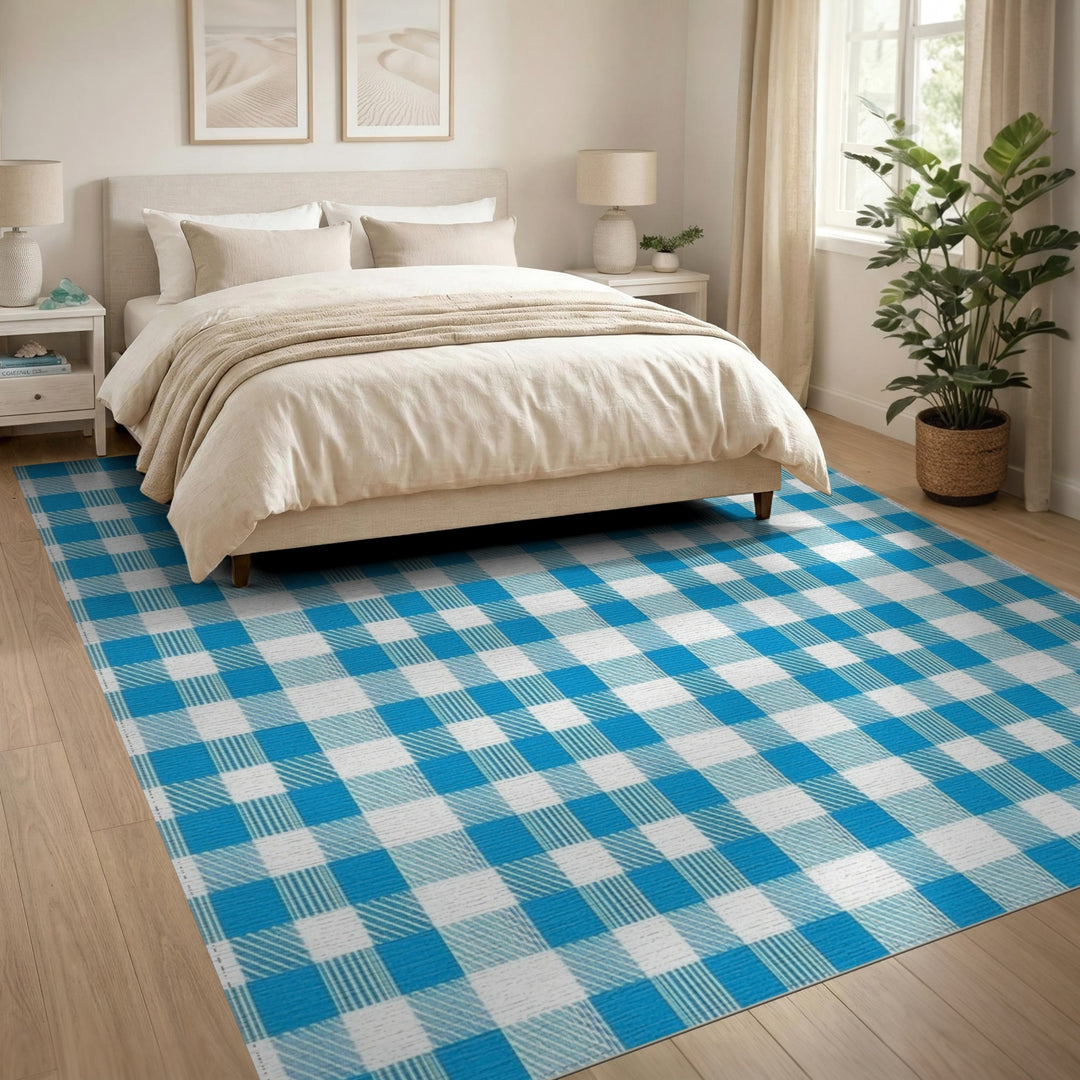 Blue Checkered Washable Blue and Teal Area Rug