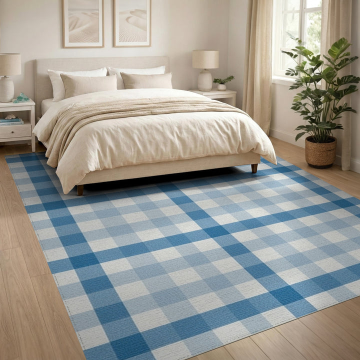 Geometric Modern Gingham Blue Gingham Checkered Area Rug