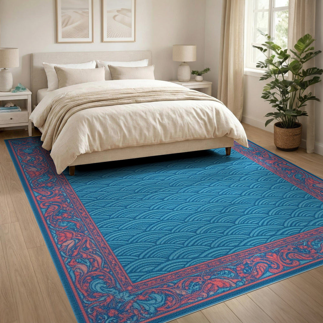 Blue Wave Floral Border Area Rug