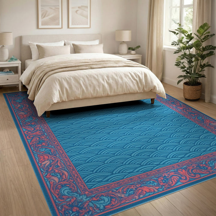Blue Wave Floral Border Area Rug