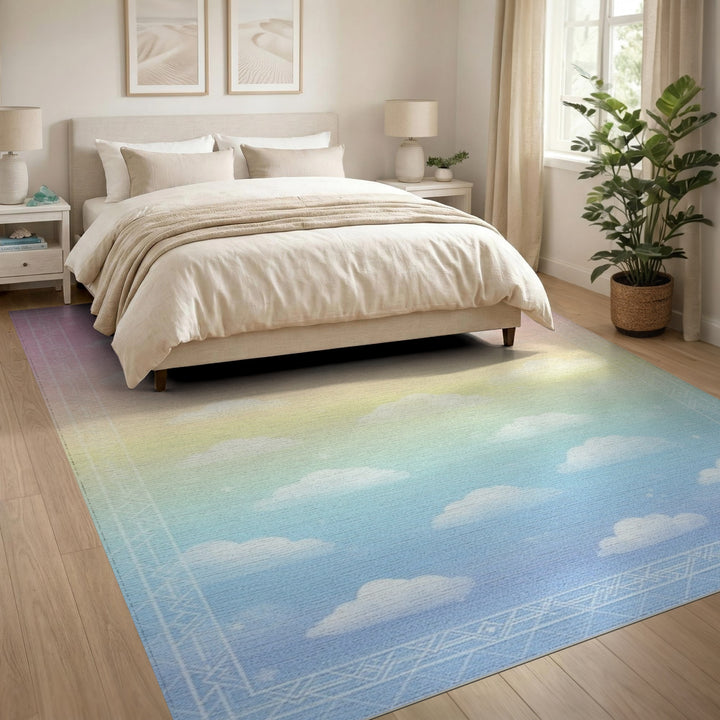 Pastel Rainbow Clouds Washable Area Rug