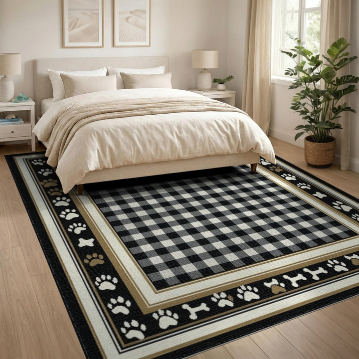 Black White Checkered Paw Print Area Rug