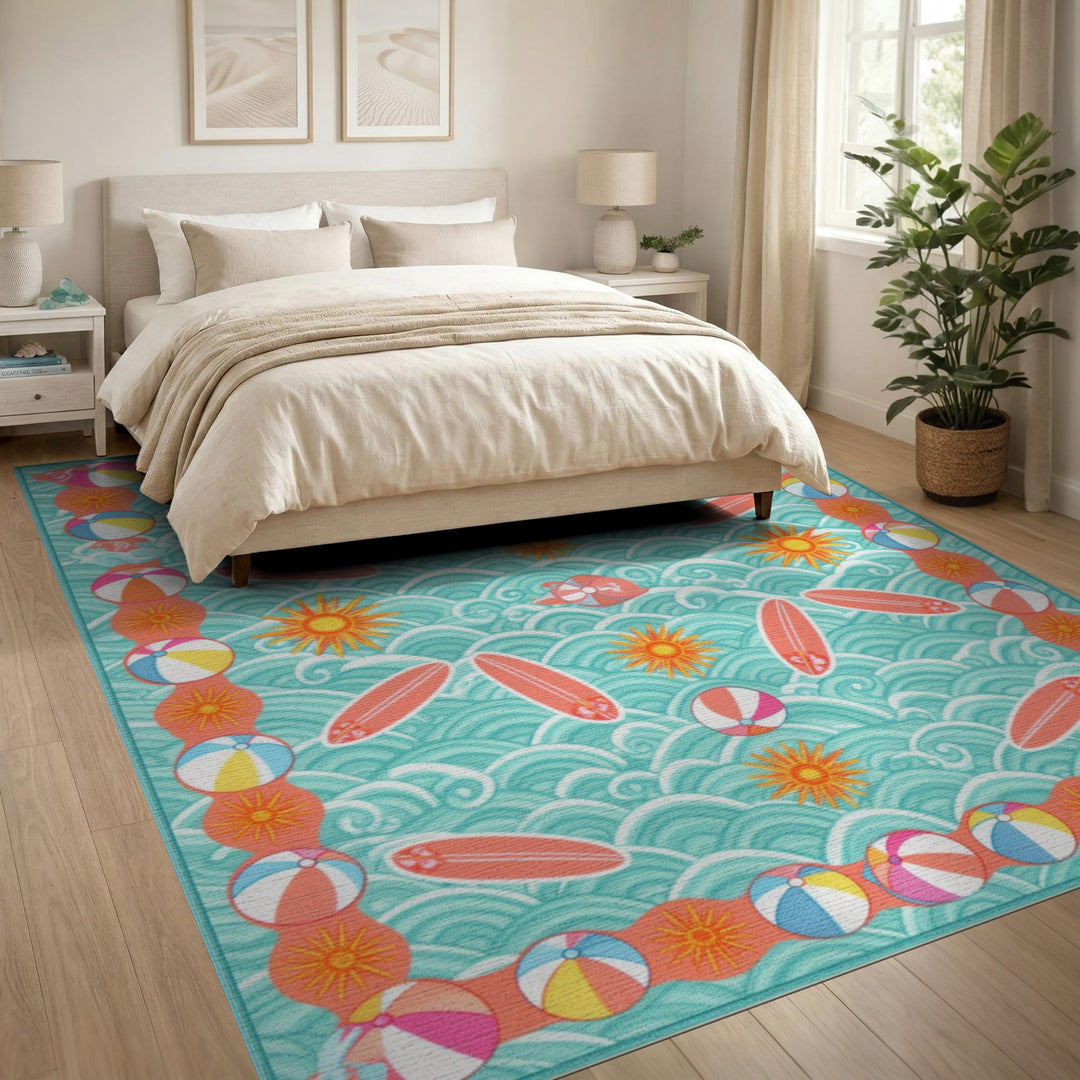 Coastal Surfboard Waves Area Rug
