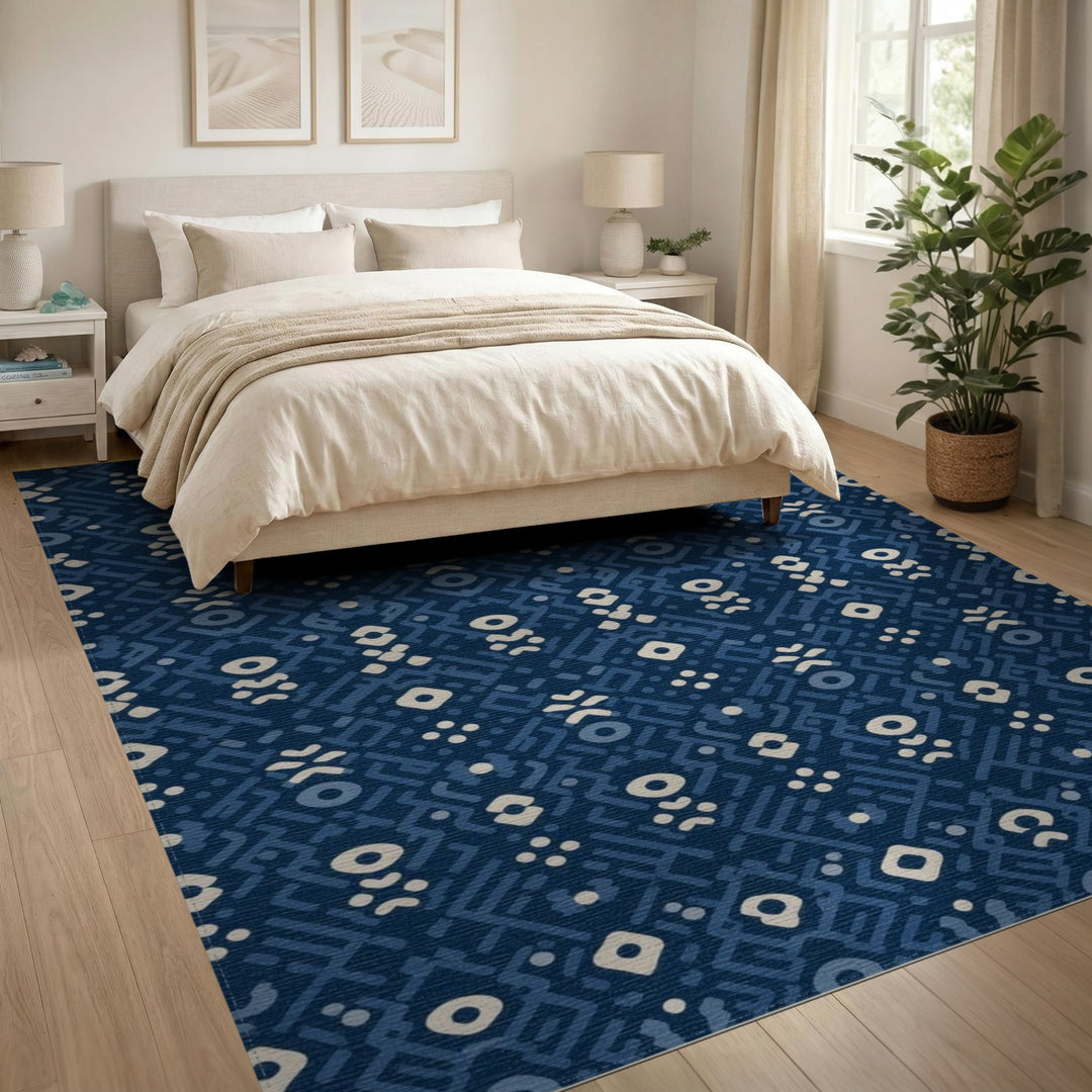 Navy Blue Geometric Washable Area Rug