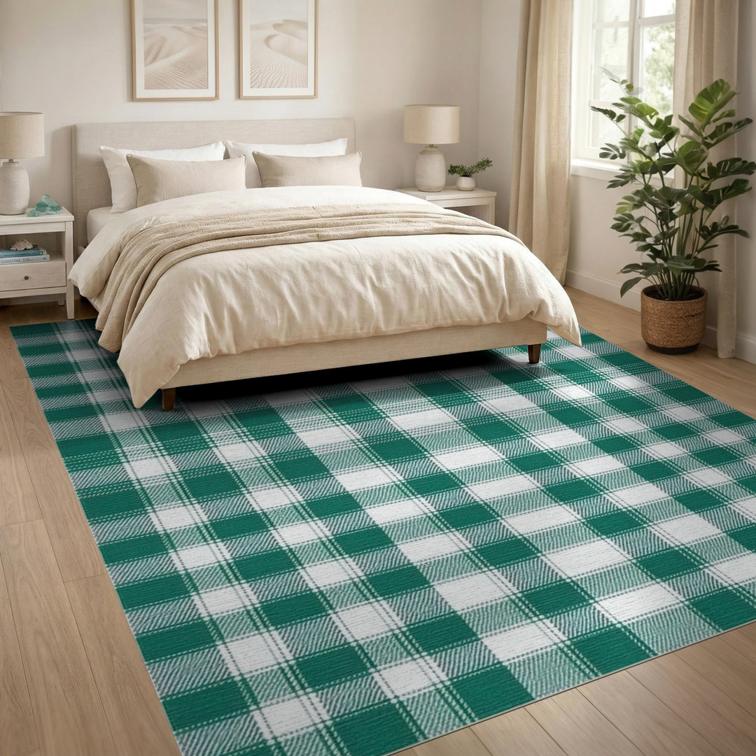 Green and White Plaid Checkered Area Rug