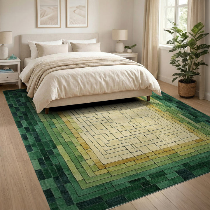 Green Geometric Maze Geometric Modern Area Rug