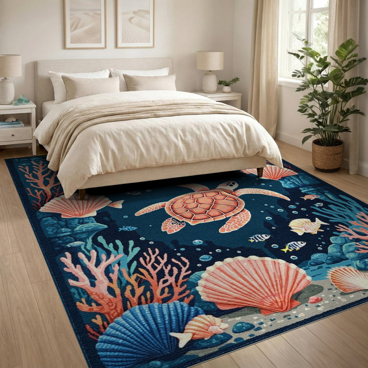 Sea Turtle Coral Washable Area Rug