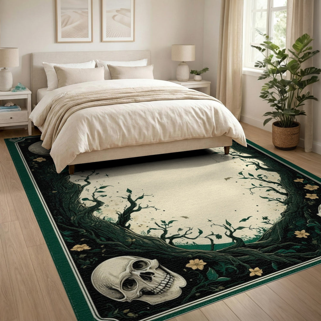 Gothic Skull Vine Green Area Rug