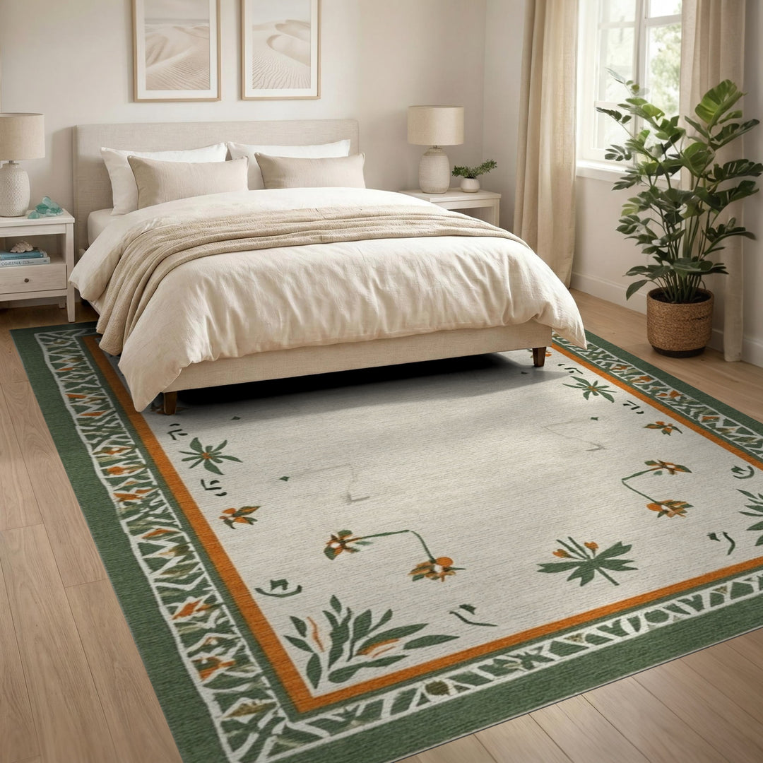 Floral Vintage Beige Area Rug with Green Border