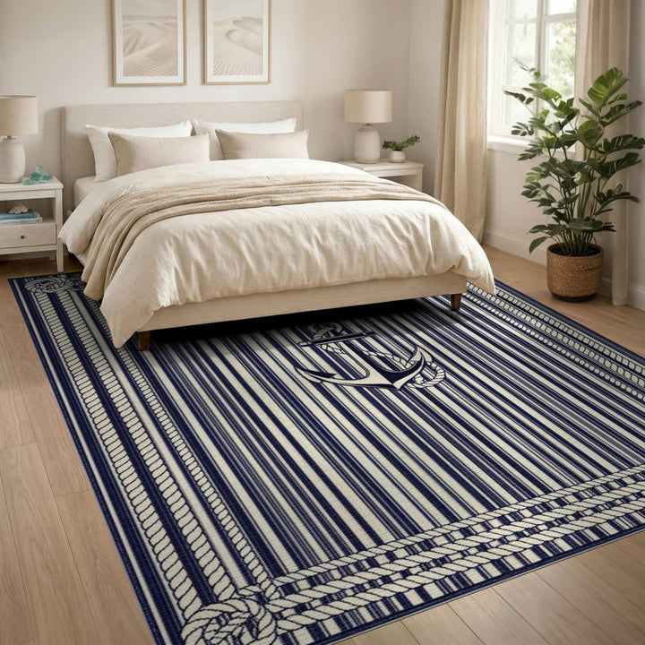 Navy Striped Anchor Rope Border Area Rug