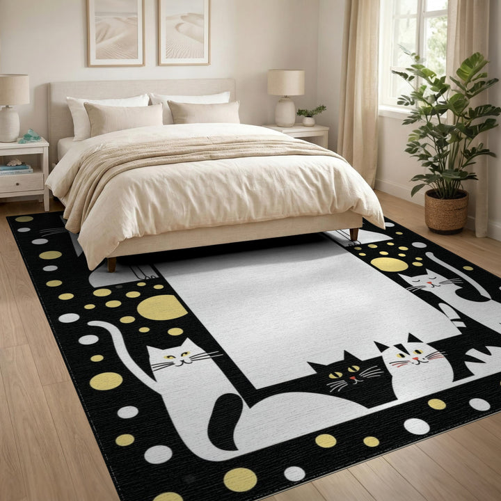 Black White Cartoon Cat Kids Area Rug