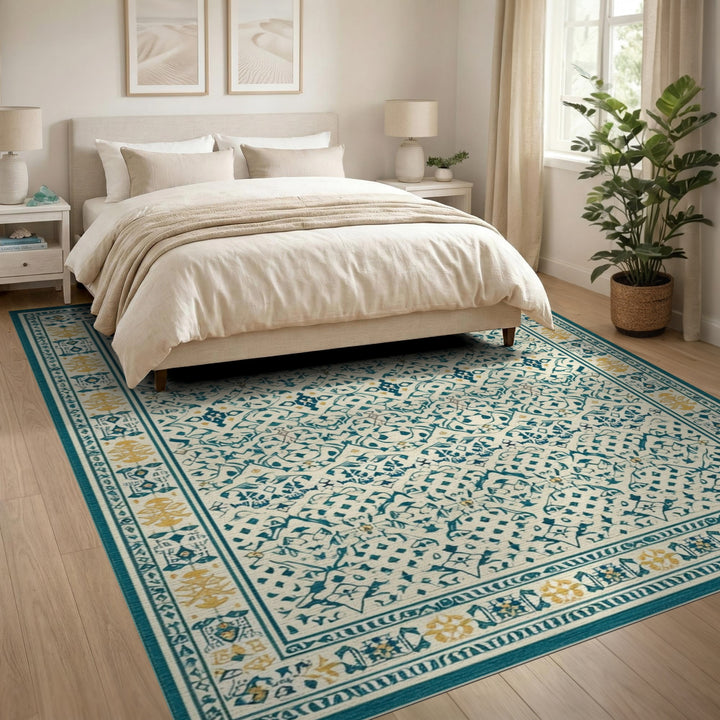 Teal Persian Area Rug with Gold Accents